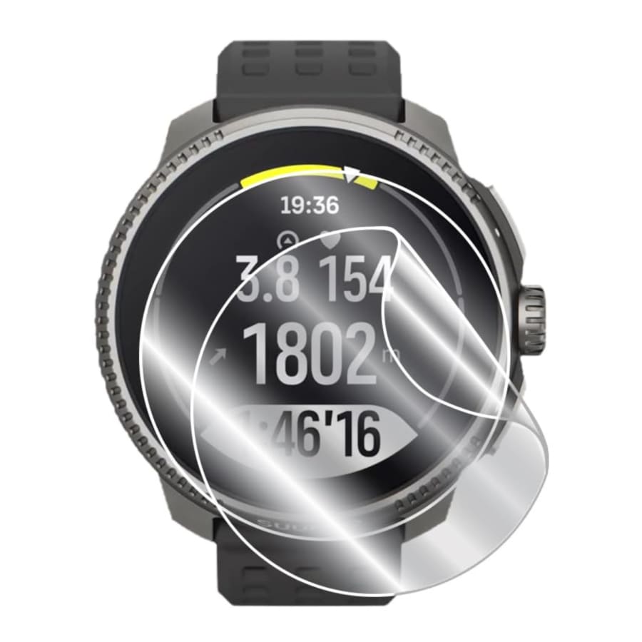 Hydrogel screen protector for Suunto Race watch, showing clear flexible material and precise cutouts for screen protection.