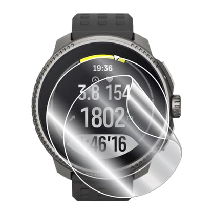 Hydrogel screen protector for Suunto Race watch, showing clear flexible material and precise cutouts for screen protection.