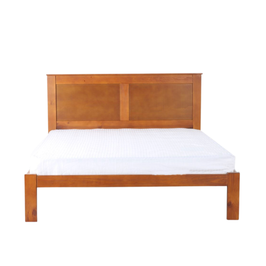 Honey-colored solid pine "Metro" single bed frame by sue-e furniture with a simple, sturdy design and slatted headboard.