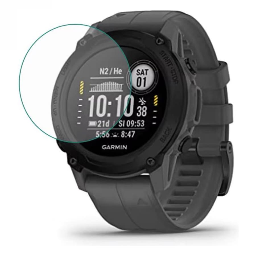 Garmin Descent G1 and G2 watch screen protector from That Watch Shop showing clear, durable protective film on a smartwatch screen.