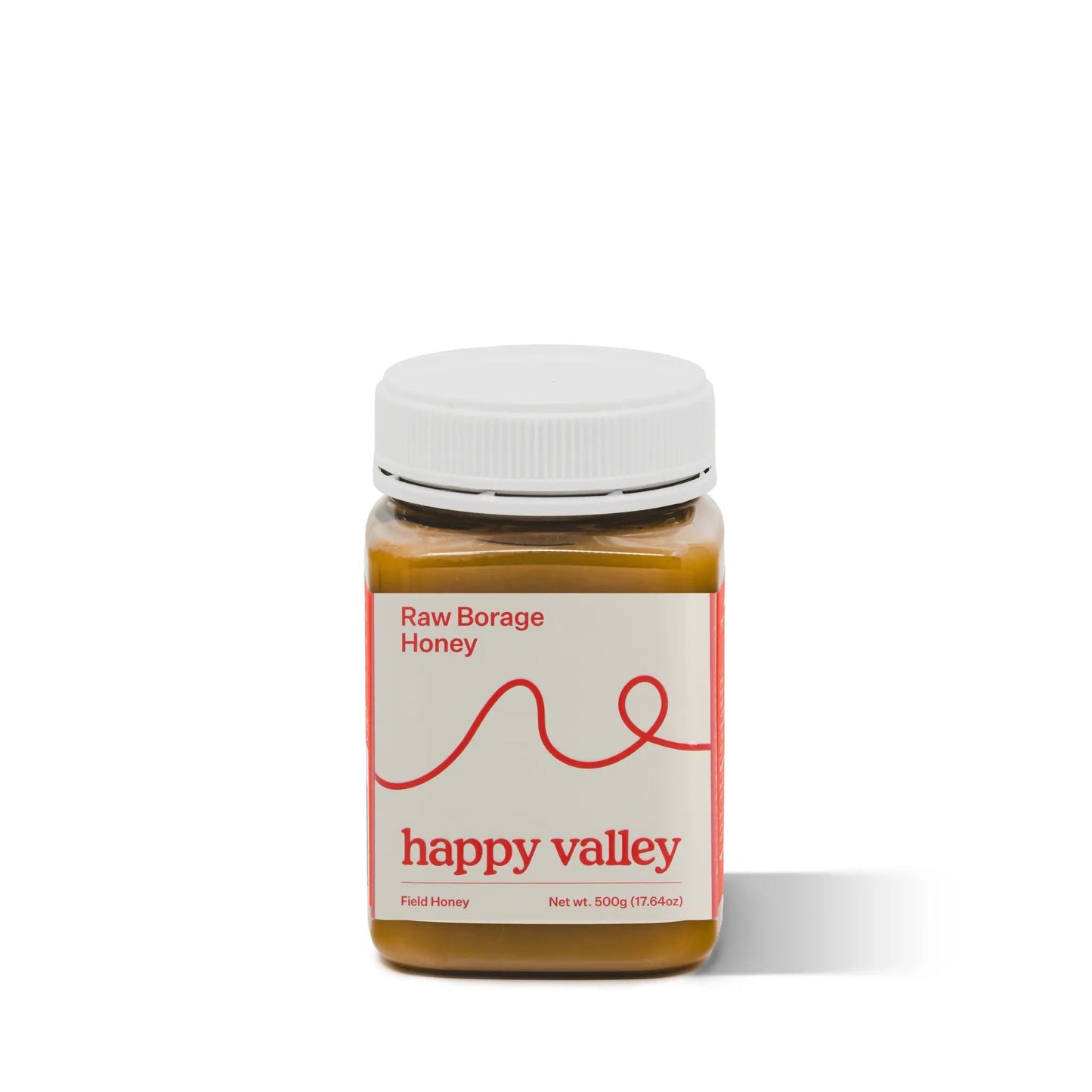 Jar of Happy Valley Honey Borage Field Honey, gourmet raw honey with golden color and floral honeycomb texture visible.