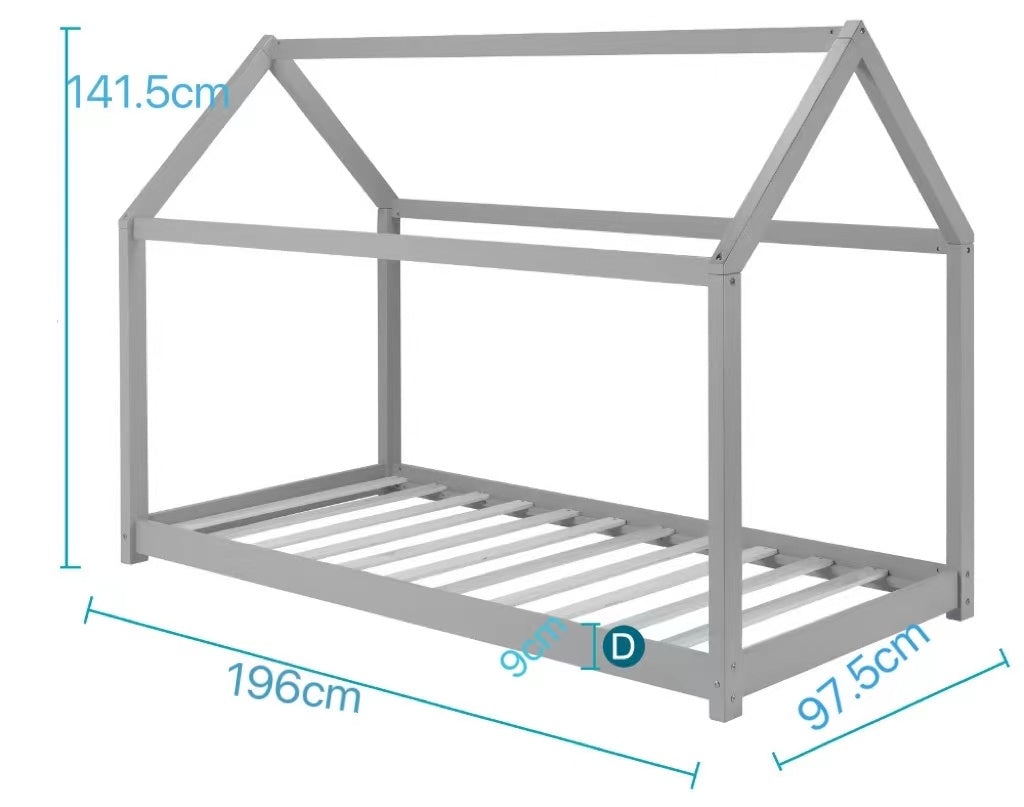 White single kid bed frame from sue-e furniture with a simple, modern design, shown in a well-lit room setting.