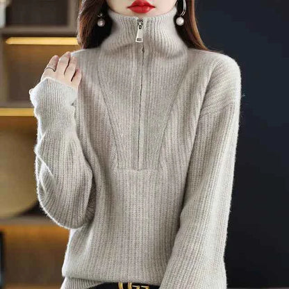 Women's 100% Merino Wool Thick Turtleneck Sweater - Zipper Front, Loose Fit | Winter Warmth