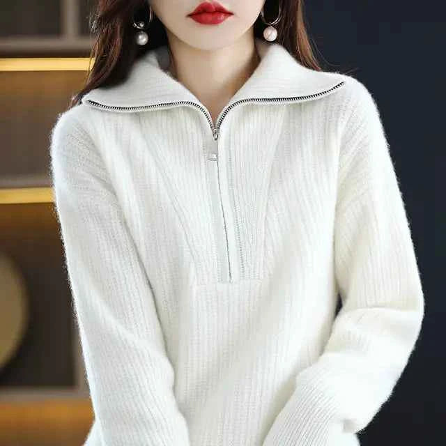 Women's 100% Merino Wool Thick Turtleneck Sweater - Zipper Front, Loose Fit | Winter Warmth