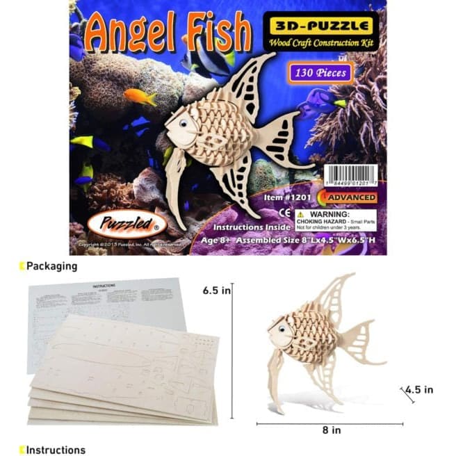 Colorful 3D Angel Fish puzzle by 9eight5, showcasing assembled fish with intricate details and vibrant scales.