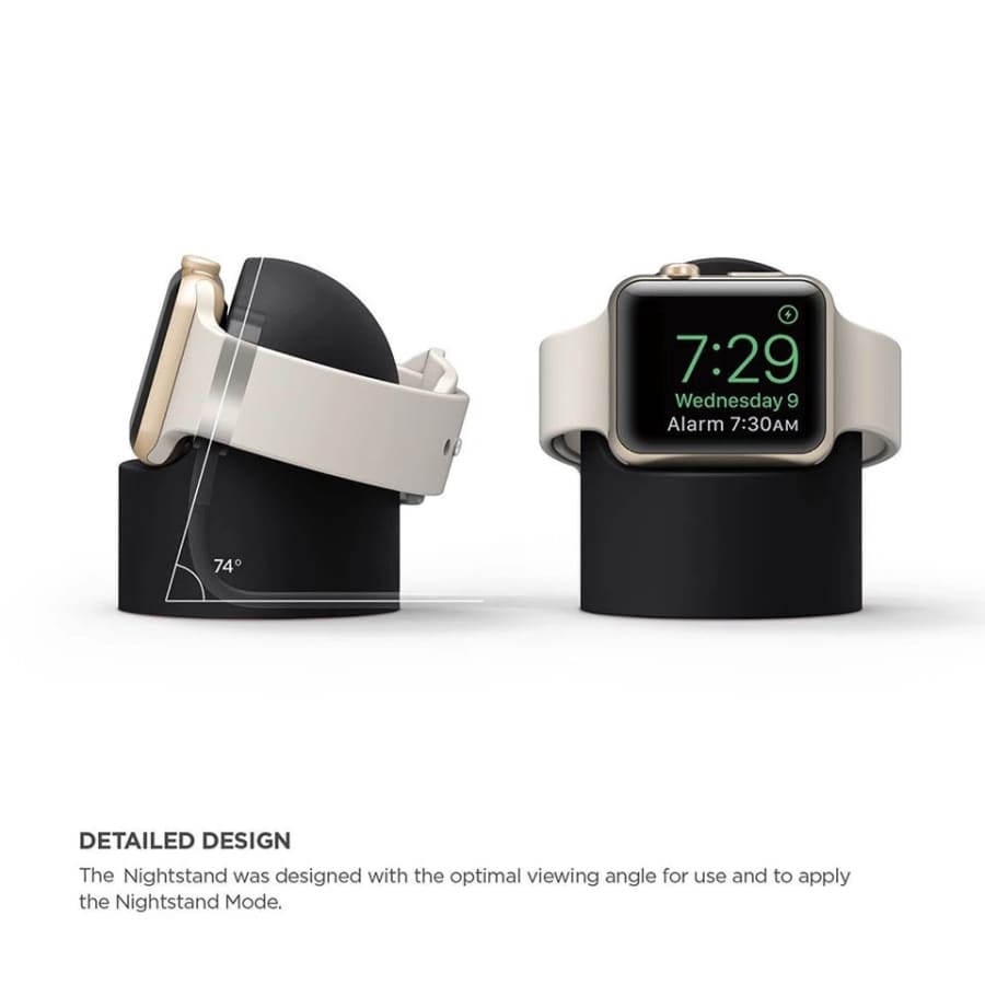 Apple Watch charging stand in six colors, designed by That Watch Shop, holding an Apple Watch for easy charging and display.