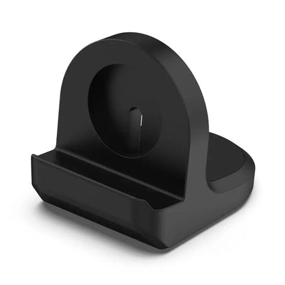 Black plastic Apple Watch charging stand from That Watch Shop, designed to hold and charge your Apple Watch securely.