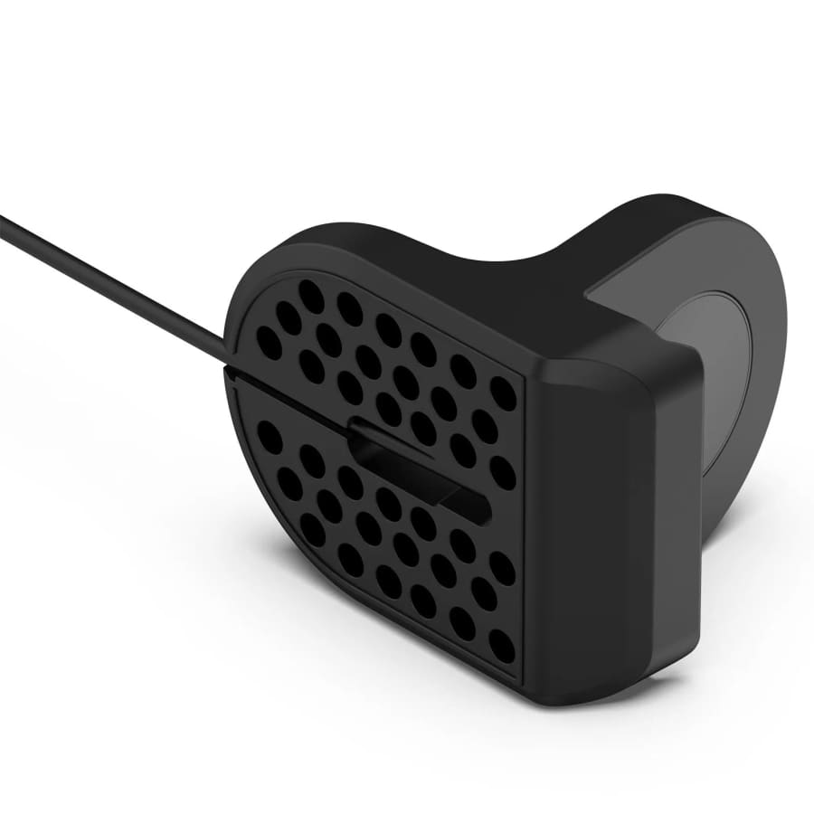 Black Apple Watch charging stand with cable and plug, compatible with Apple Watch models, in a sleek design.