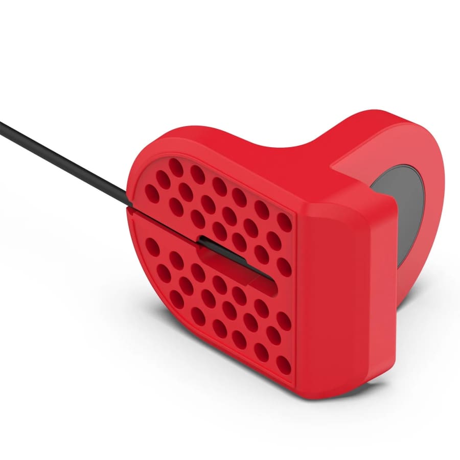 Red heart-shaped Apple Watch charging stand by That Watch Shop, designed to hold and charge your Apple Watch securely.