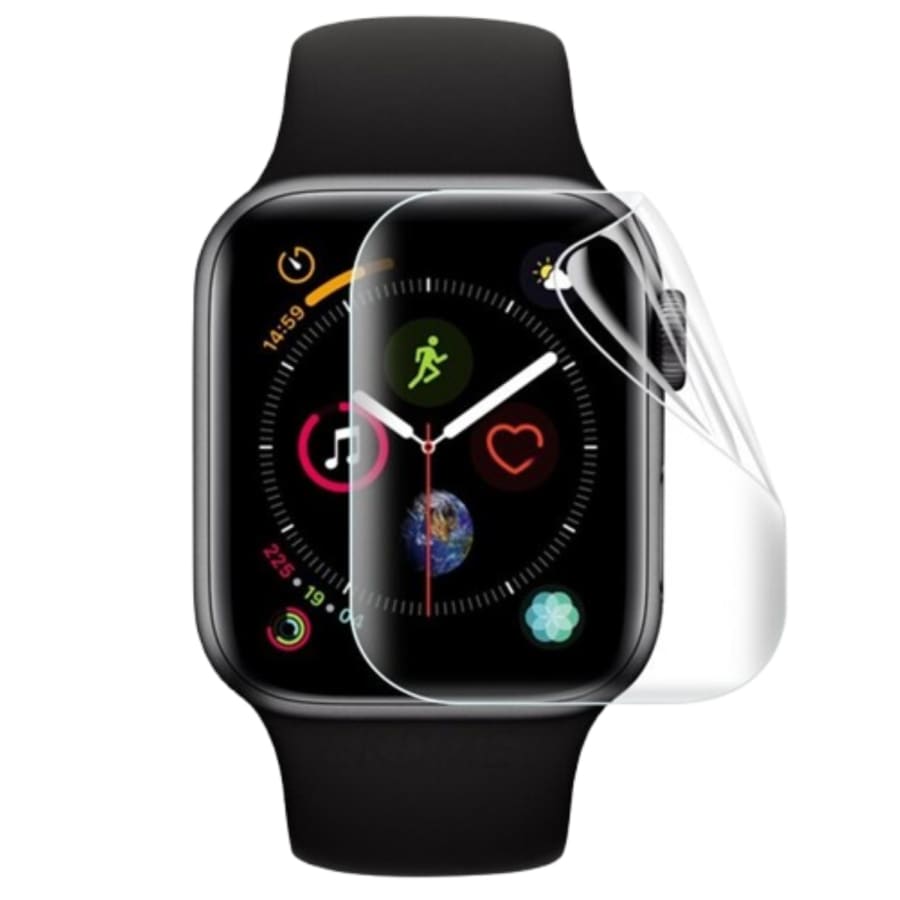 Hydrogel screen protector for Apple Watch SE 2nd gen 44mm, black, displayed on smartwatch in a pack of six.