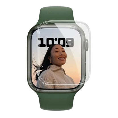 Hydrogel screen protector for Apple Watch SE 2nd Gen 44mm, showing the clear protective film on a green smartwatch screen.