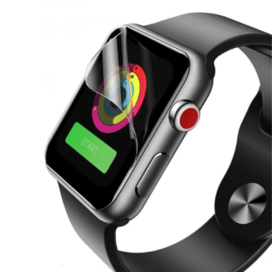 Hydrogel screen protector for Apple Watch Series 3 42mm, shown on a watch face, designed to protect the watch screen from scratches.