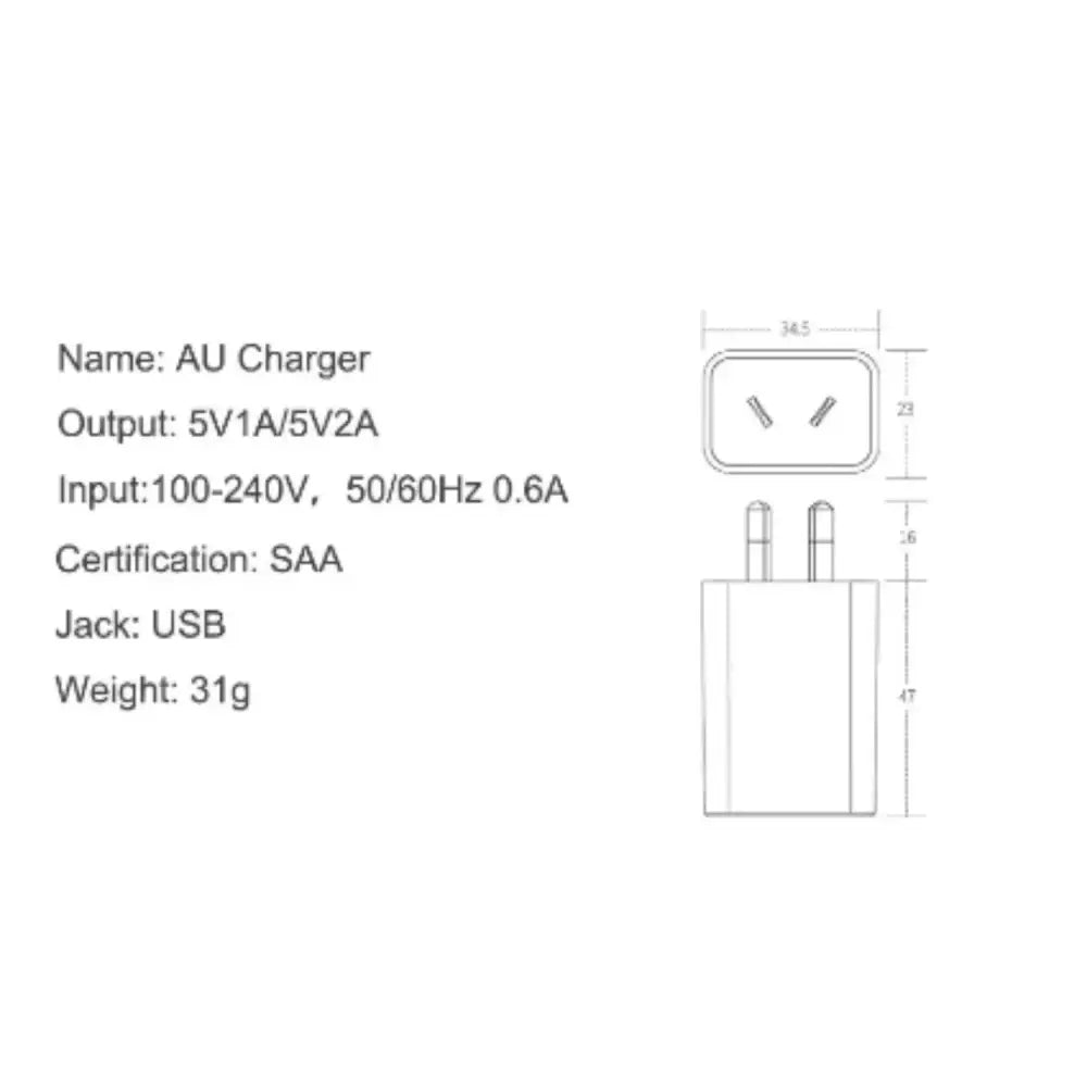 Habicare AU travel adapter with USB charger displaying 5V 1A/2A output, compact design for international travel use