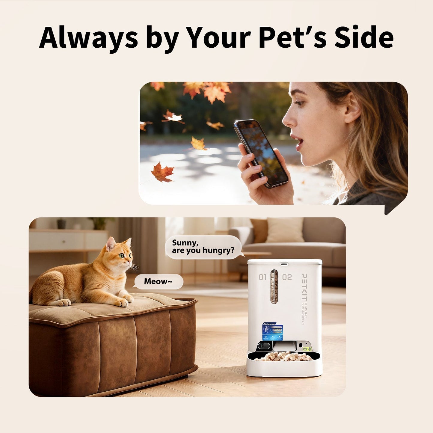 Petkit YumShare Dual-hopper automatic cat feeder with built-in camera and two-way audio for pet interaction.