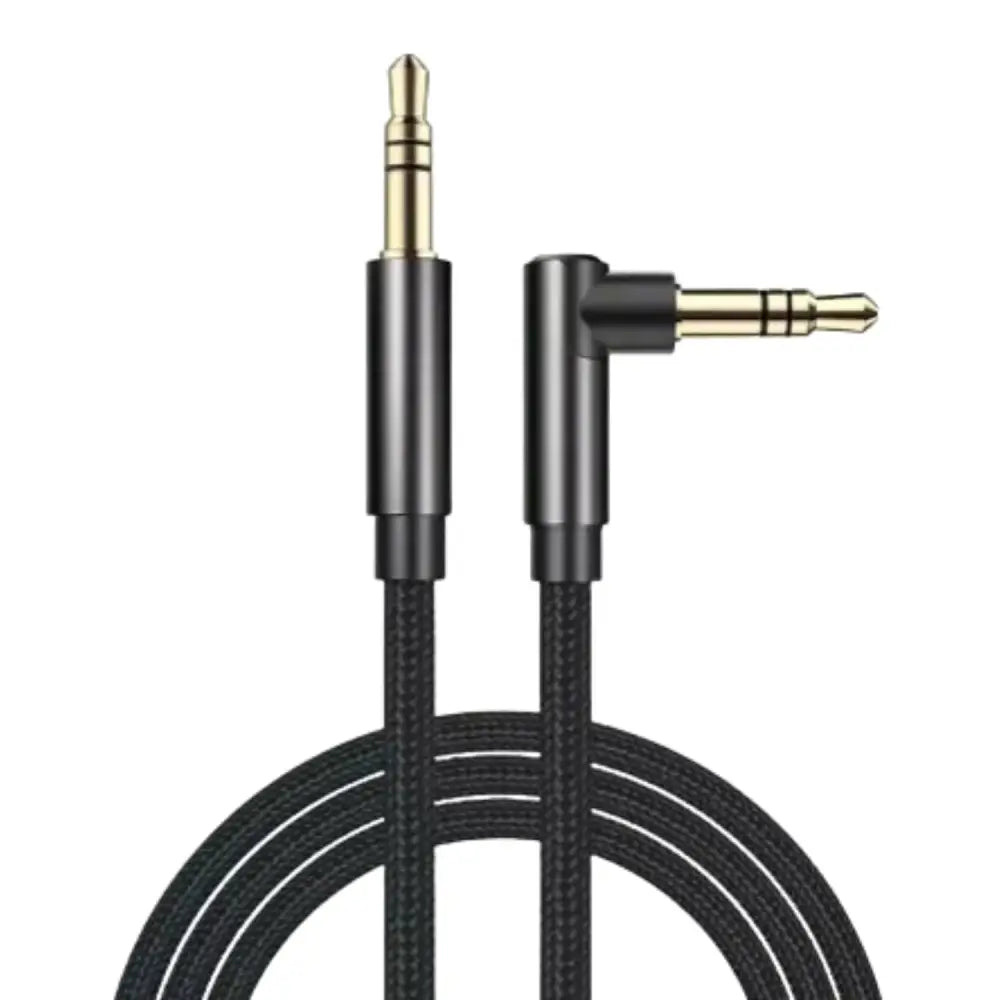 Habicare 9eight5 auxiliary car adapter cord connected to headphones and devices, showing a versatile audio extension cable.