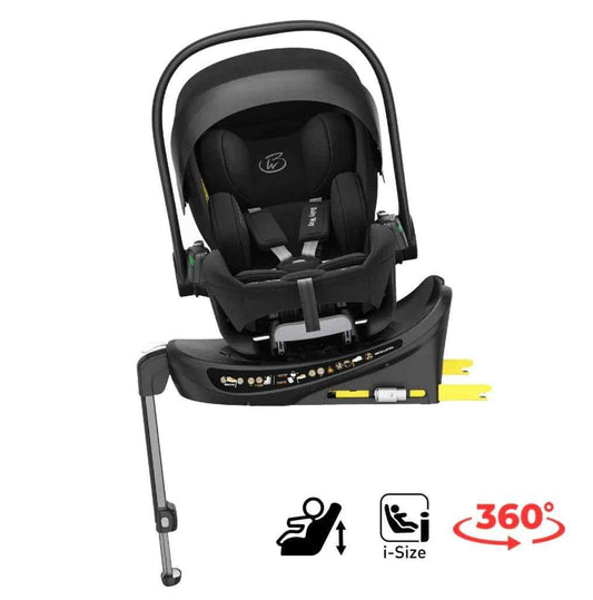 Baby Way NZ Crown i-Size reclining capsule car seat with 360° rotating ISOFIX base in black, designed for infants and toddlers.
