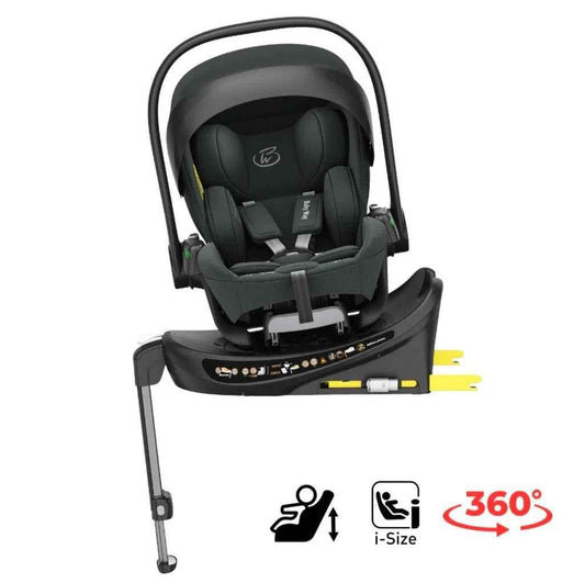 Olive Crown i-Size reclining capsule car seat with ISOFIX base for babies and toddlers, 360-degree rotating for easy access.