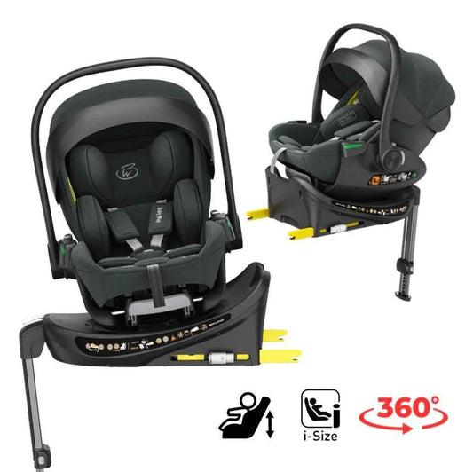 Baby Way NZ Crown i-Size reclining capsule car seat with ISOFIX 360 rotating base in olive for baby and toddler safety.