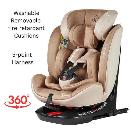 Baby Way NZ Defender i-Size 360 rotating convertible car seat in beige with ISOFIX and top tether for baby and toddler safety.