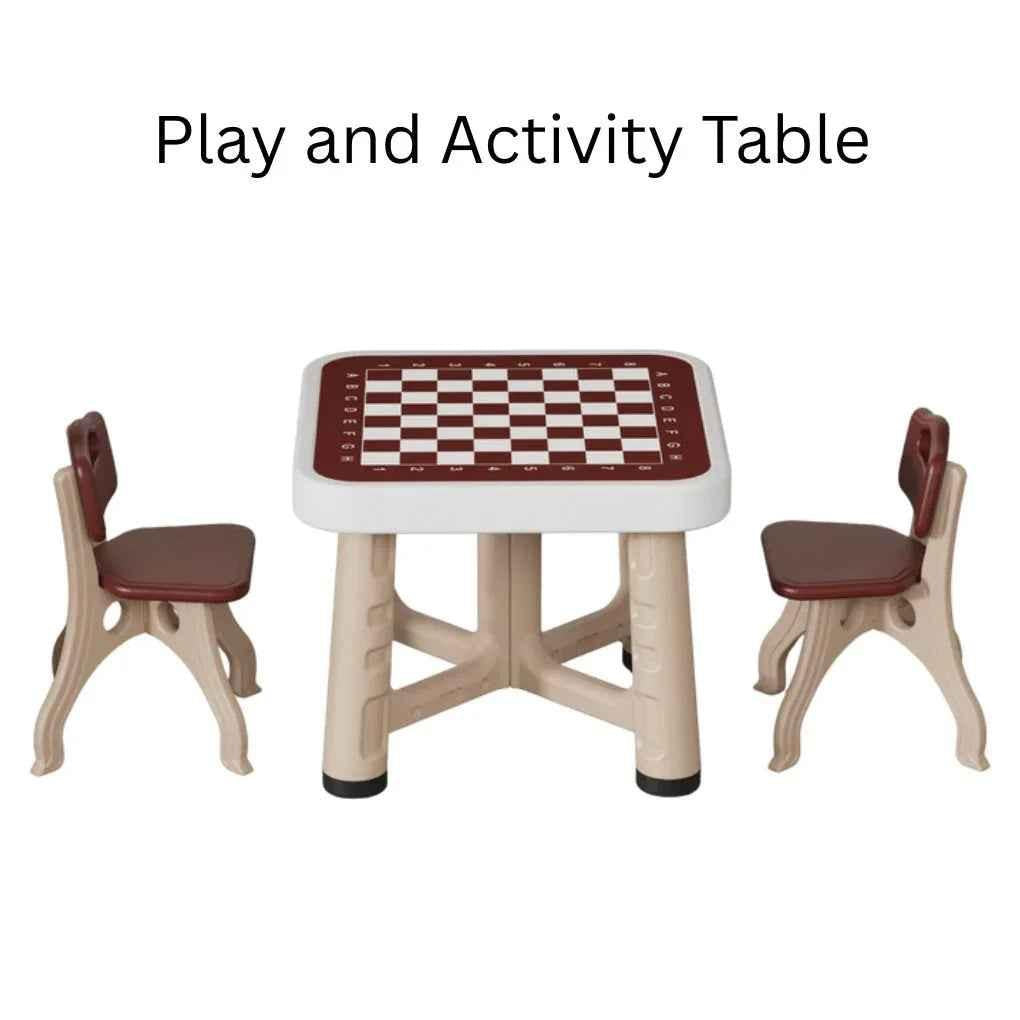 Kids’ play and activity table set with four chairs, game board, and storage by Baby Way NZ for toddlers and young children.