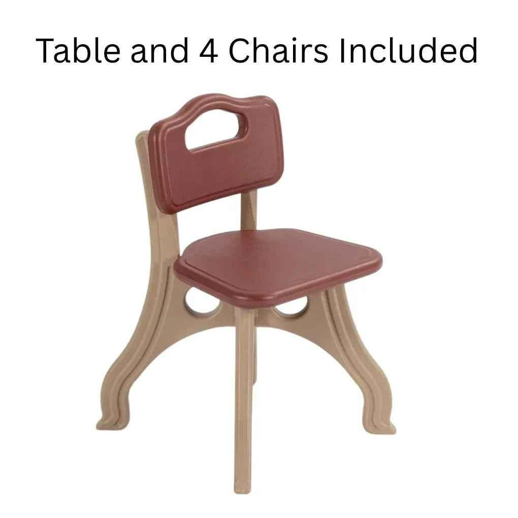 Kids’ play and activity table set with four chairs, game board, and storage from Baby Way NZ, ideal for toddlers’ playtime.