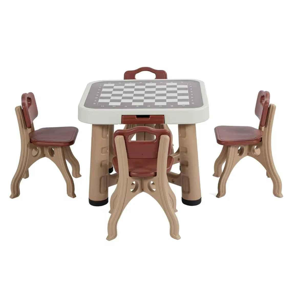 Kids’ play and activity table set with four chairs, game board, and storage, designed for toddlers by Baby Way NZ.