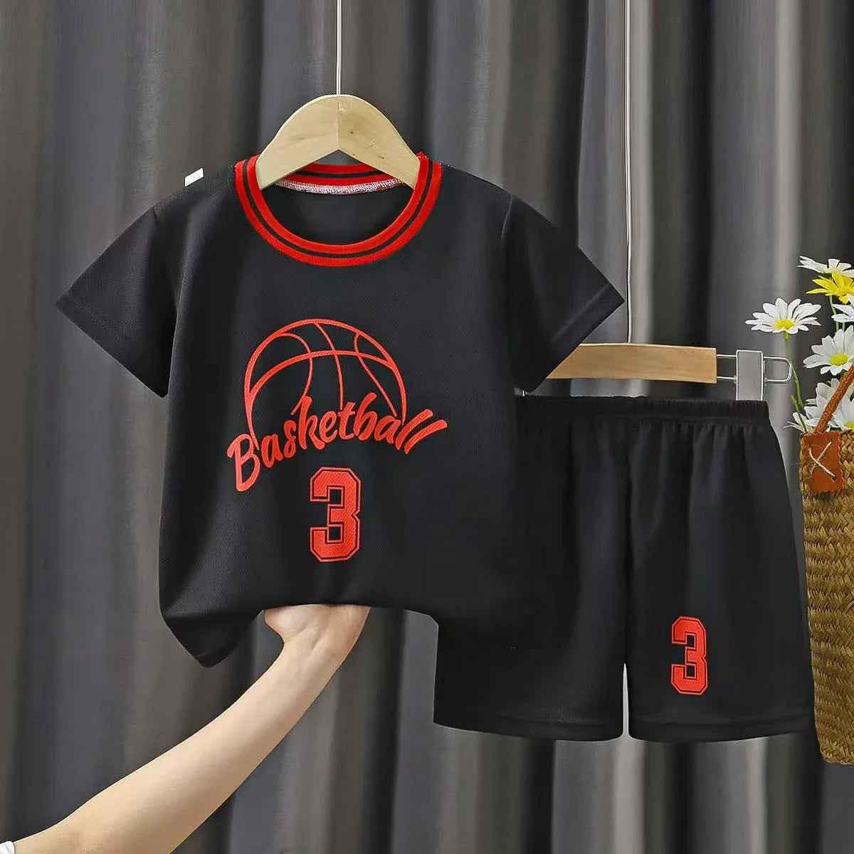 Baby Way NZ kids' sportswear matching set with black basketball and netball tops for toddlers, sizes 2.