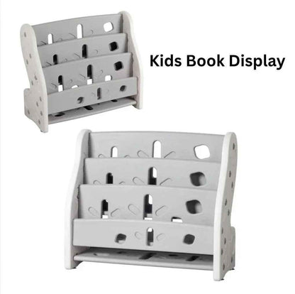 Kids Montessori-inspired book display shelf in grey and mint by Baby Way NZ, designed for children's books and easy access.