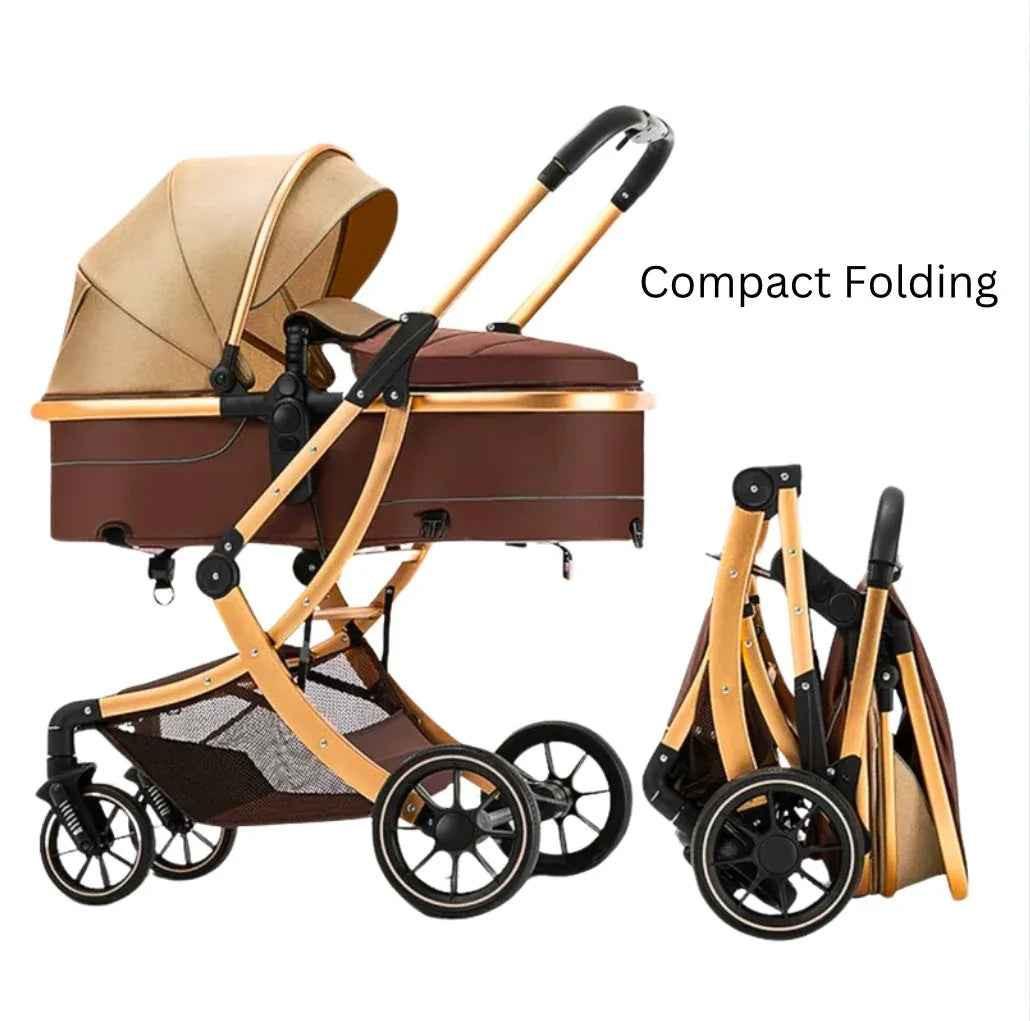 Baby Way NZ The Mint 2-in-1 high view reversible bassinet stroller in khaki, designed for babies 0-3 years, with convertible features.