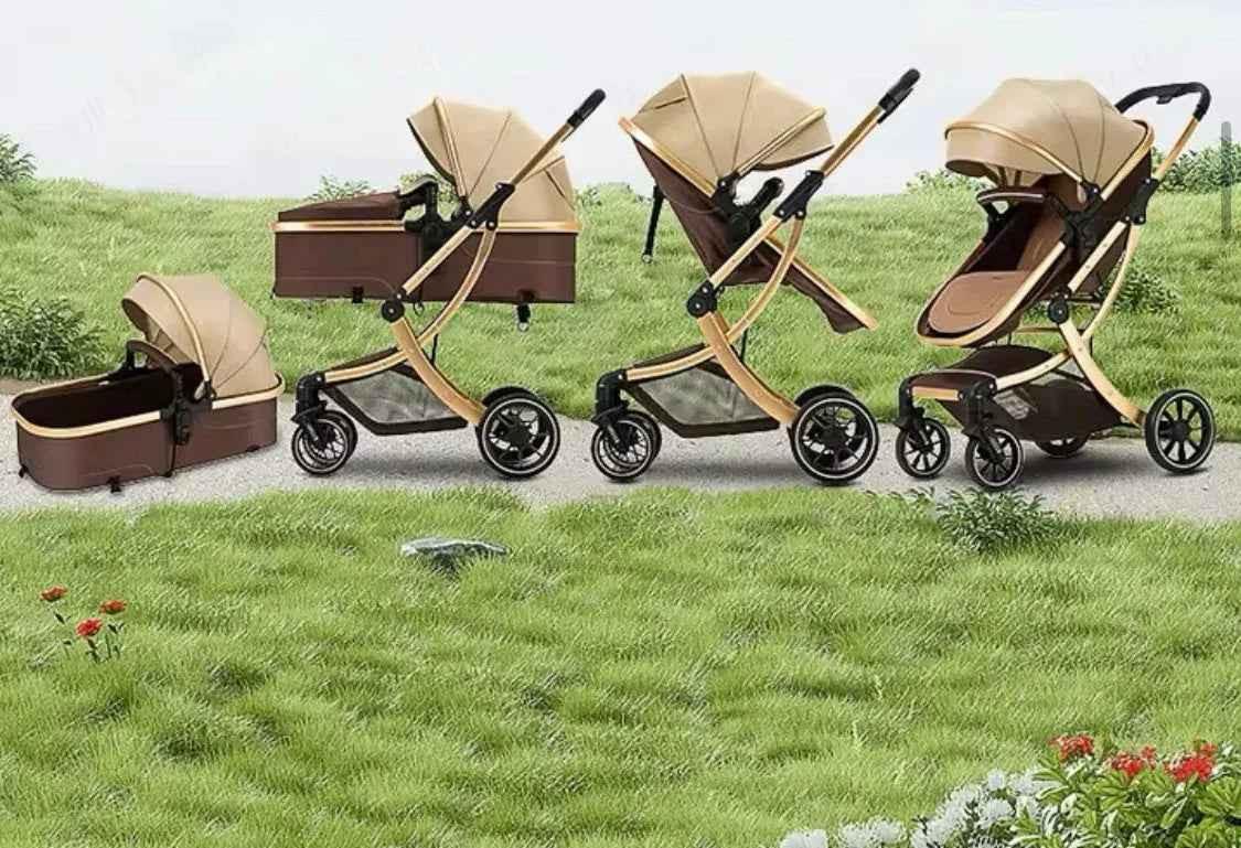 Baby Way NZ The Mint 2-in-1 high view reversible bassinet stroller in khaki, designed for babies 0-3 years, with adjustable features.