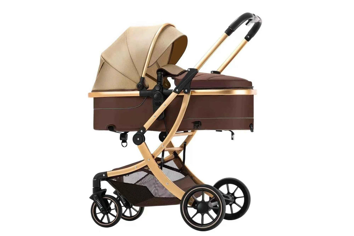 Baby Way NZ The Mint 2-in-1 high view reversible bassinet stroller in khaki, suitable for ages 0-3, with adjustable features.
