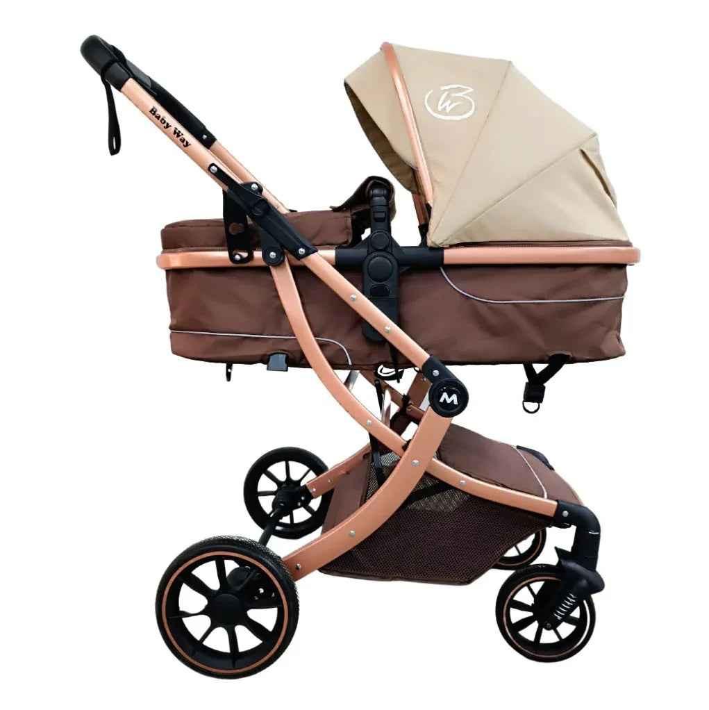 Baby Way NZ The Mint 2-in-1 high view reversible bassinet stroller in khaki, designed for babies 0-3 years, with convertible features.