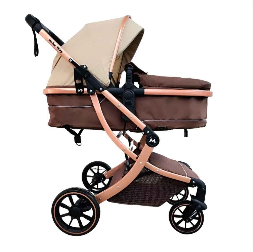 Baby Way NZ The Mint 2-in-1 high view reversible bassinet stroller in khaki, suitable for newborns to 3 years, with adjustable seat.