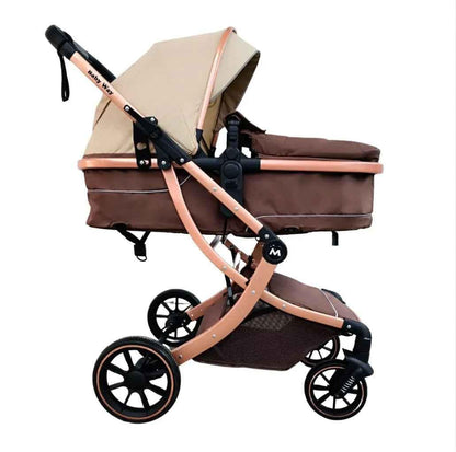 Baby Way NZ The Mint 2-in-1 high view reversible bassinet stroller in khaki, suitable for newborns to 3 years, with adjustable seat.