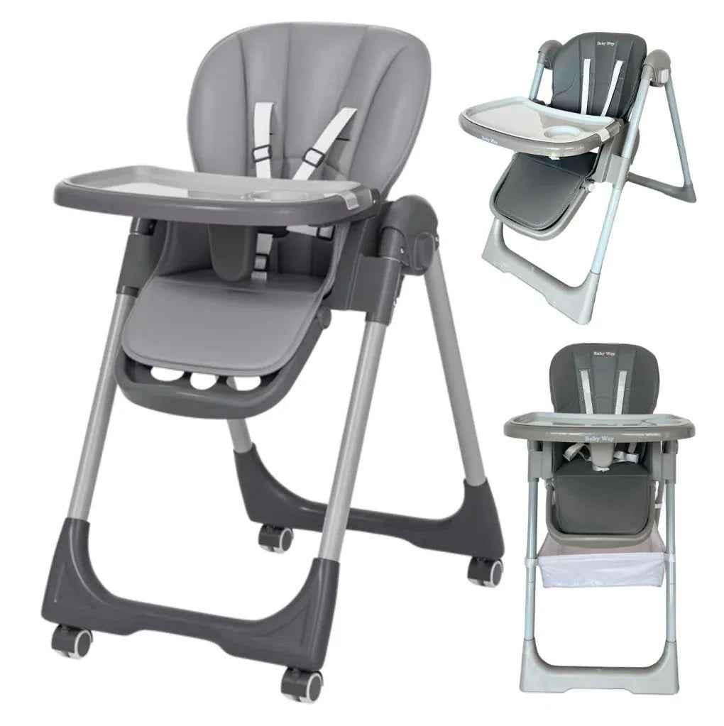 Baby Way NZ Elevate adjustable folding high chair with locking wheels and storage basket in grey, featuring a padded seat and safety straps.