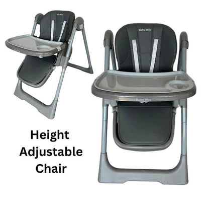 Baby Way NZ Elevate adjustable folding high chair with grey finish, locking wheels and storage basket for convenient baby feeding.
