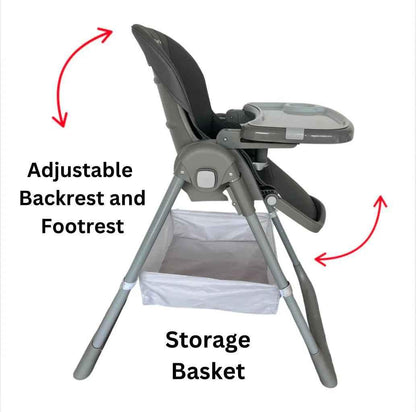 Baby Way NZ Elevate adjustable folding high chair in grey with locking wheels and storage basket, designed for convenient baby feeding.