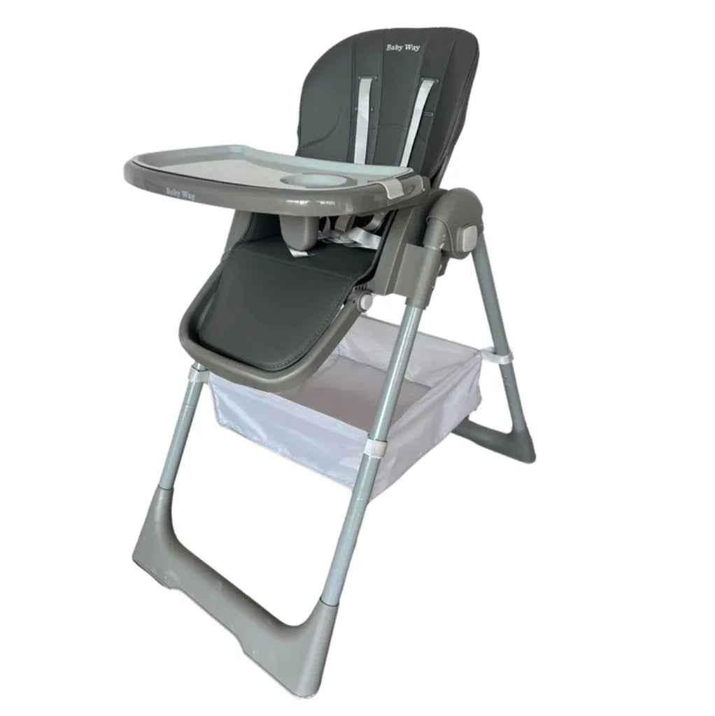 Baby Way NZ Elevate adjustable and folding high chair in grey with locking wheels and a storage basket, designed for convenient feeding.