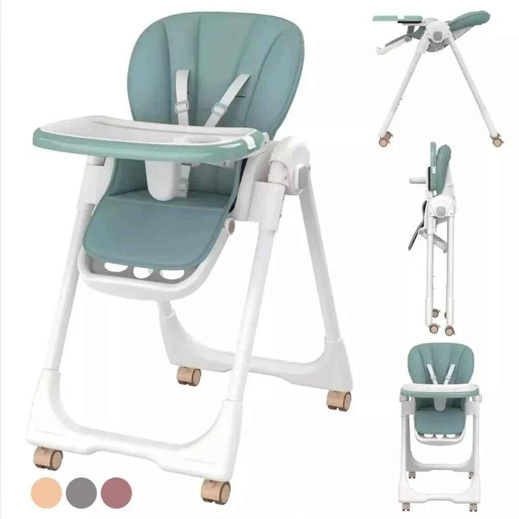 Grey Baby Way NZ Elevate adjustable folding high chair with locking wheels and storage basket, designed for easy feeding and convenience.