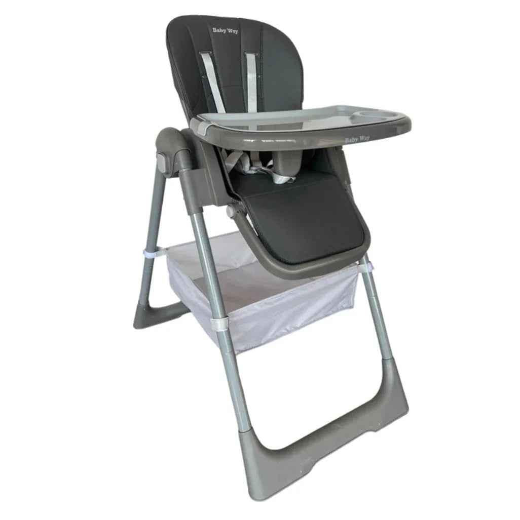 Baby Way NZ Elevate adjustable folding high chair in grey with locking wheels and storage basket, suitable for feeding and seating.