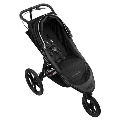 Baby Jogger Summit X3 jogging stroller in midnight black with sturdy frame and large wheels for active families.
