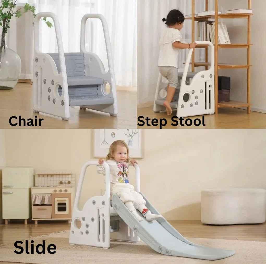Baby Way NZ 3-in-1 toddler slide, chair, and step stool for indoor play, featuring colorful, kid-friendly design for active toddlers.