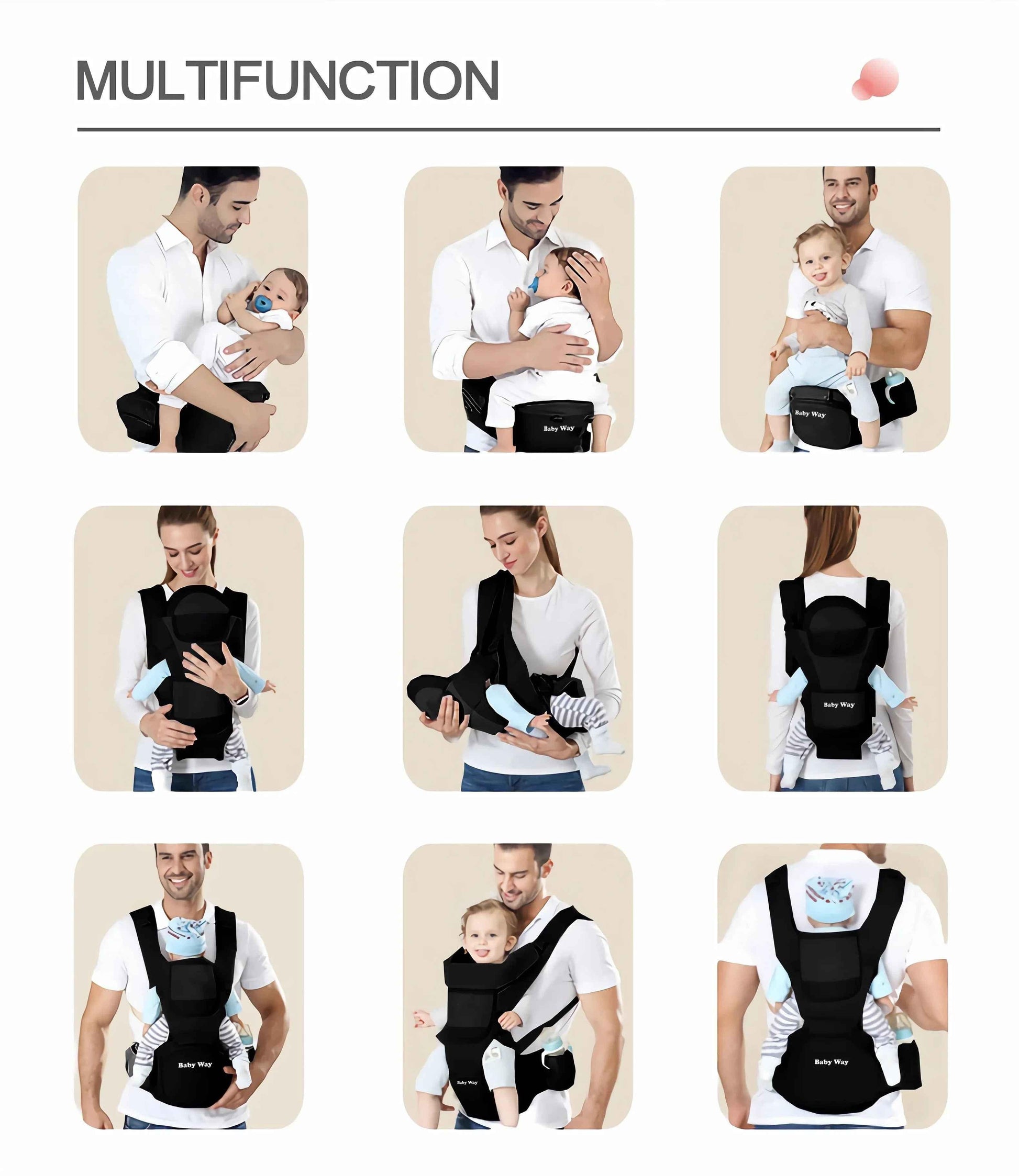 Black ergonomic Baby Way NZ soft-structured baby carrier with hip seat for ages 0-36 months, featuring adjustable straps and padded support.