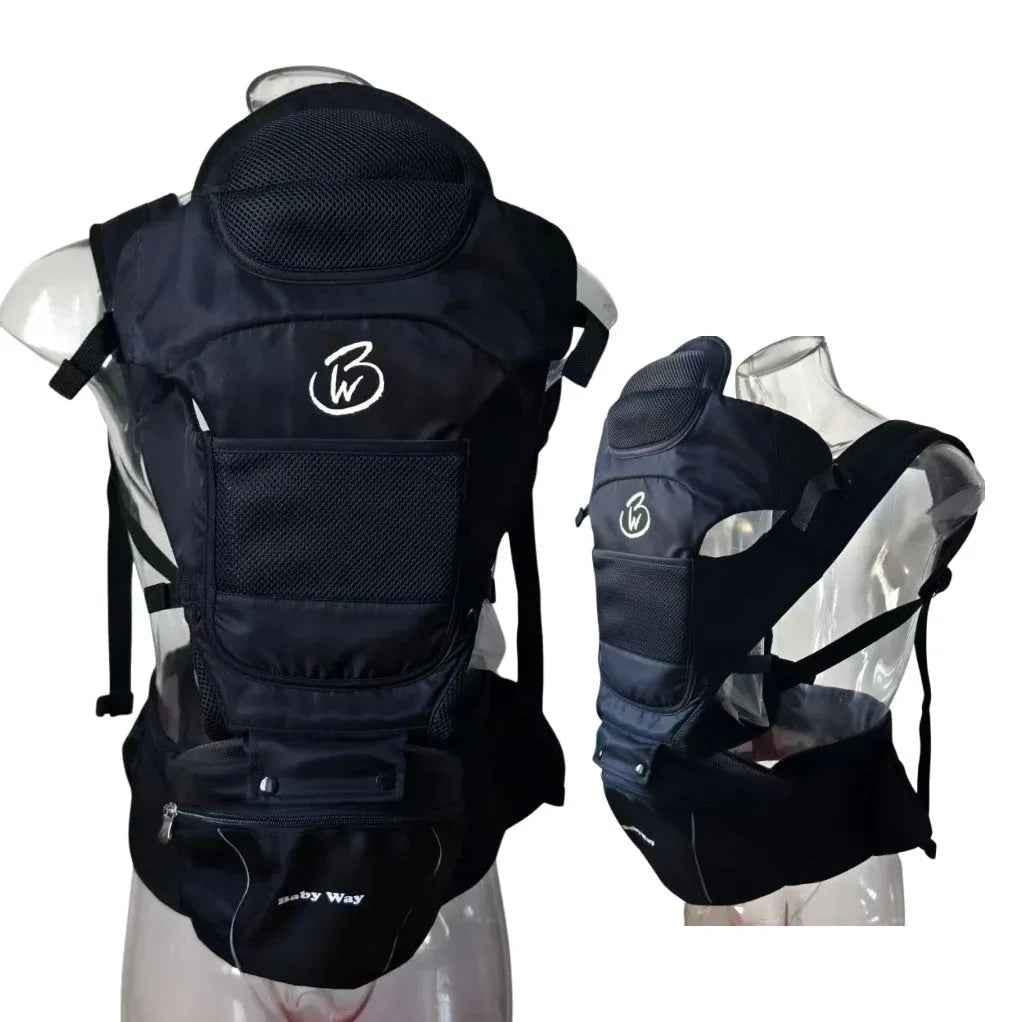 Black ergonomic Baby Way NZ soft-structured baby carrier with hip seat, suitable for ages 0-36 months, shown with adjustable straps.