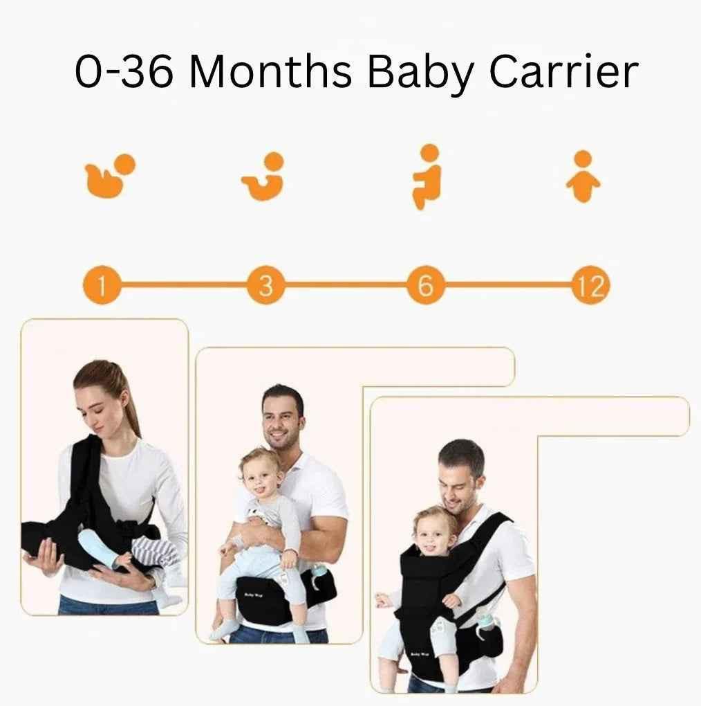 Black Baby Way NZ ergonomic multi-function baby carrier with hip seat, suitable for 0-36 months, soft-structured design with adjustable straps.