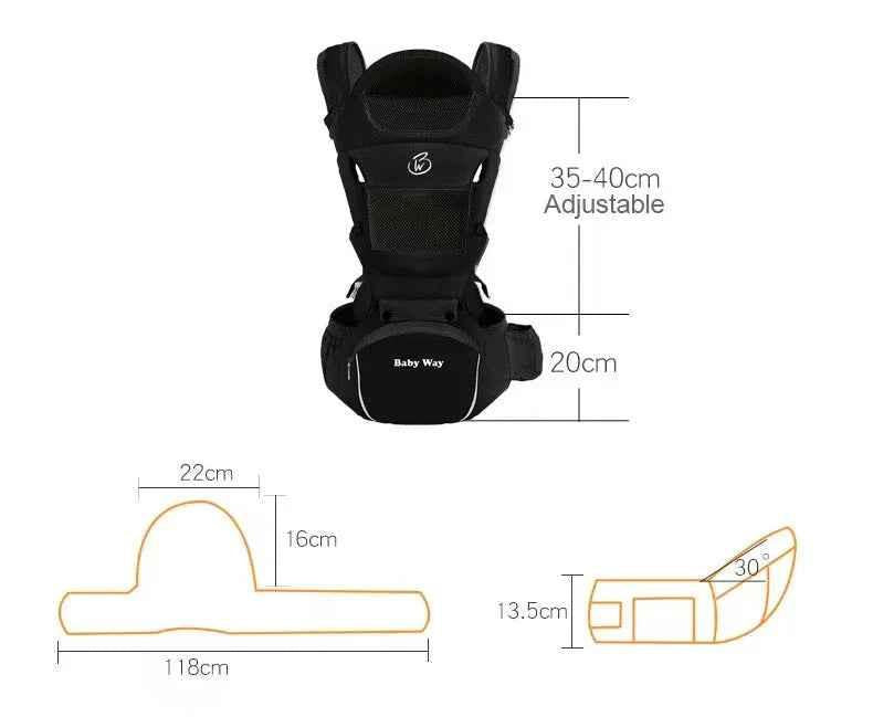Black Baby Way NZ ergonomic multi-function baby carrier with hip seat, suitable for ages 0-36 months, soft-structured design.
