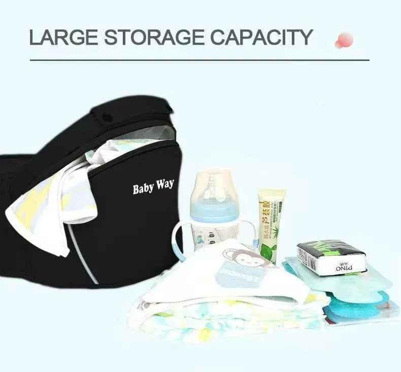 Black ergonomic Baby Way NZ soft-structured baby carrier with hip seat for infants 0-36 months, designed for comfort and multi-functionality.