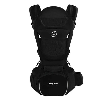 Black ergonomic Baby Way NZ soft-structured baby carrier with hip seat for ages 0-36 months, designed for comfort and support.