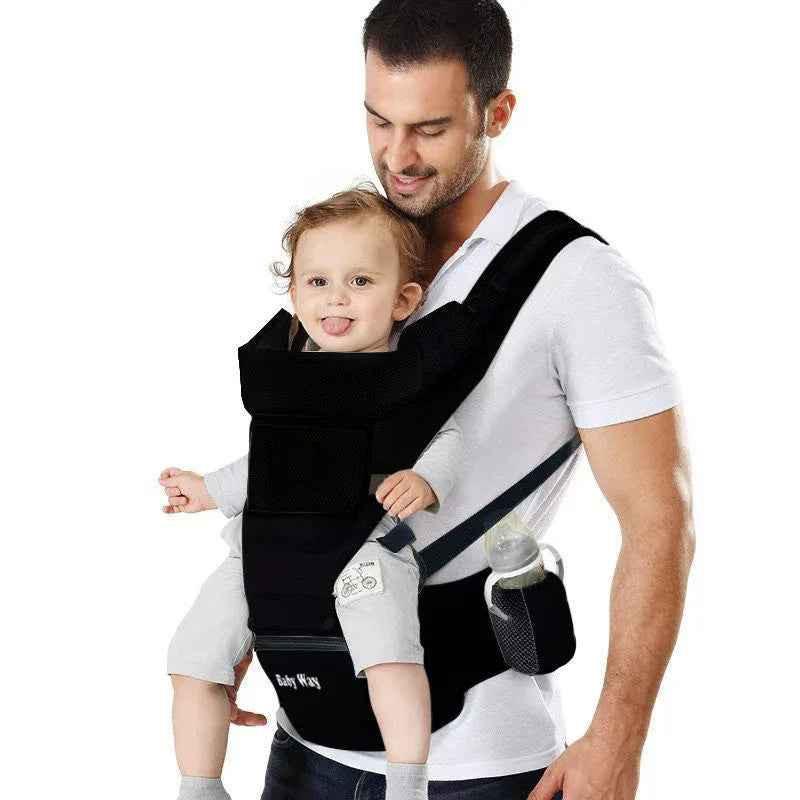 Black ergonomic Baby Way NZ soft-structured baby carrier with hip seat for ages 0-36 months, designed for comfort and support.
