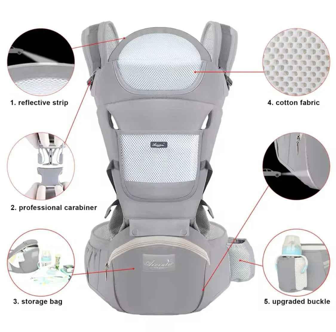 Black ergonomic Baby Way NZ soft-structured baby carrier with hip seat, suitable for 0-36 months, featuring padded straps and adjustable support.